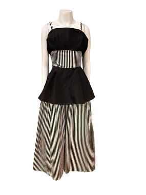 Vintage 80s Gunne Sax Black Striped Peplum Bow Back Maxi Dress XXS -
